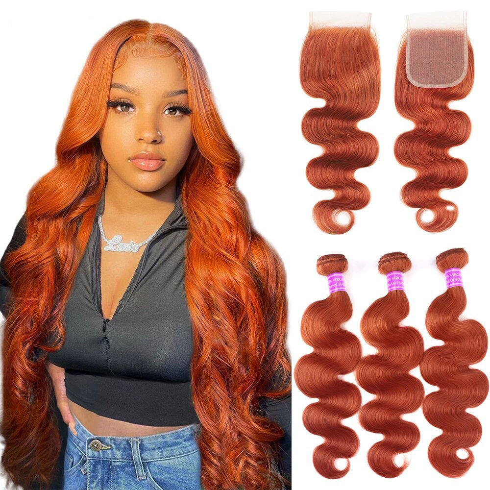 350 Ginger Orange Body Wave 3 Bundles With 4x4 Lace Closure 100% Remy Hair Extension(No Code Need)
