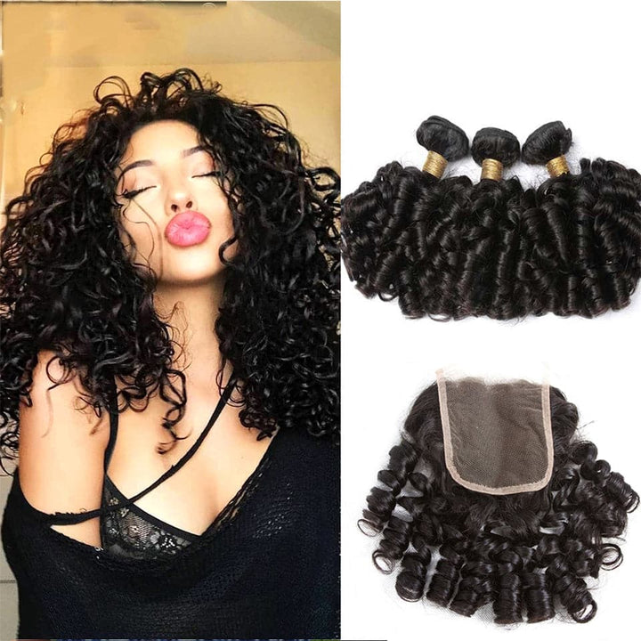 Bouncy Curly 3 Bundles with 4x4 Lace Closure Human Hair Weaves Natural Color