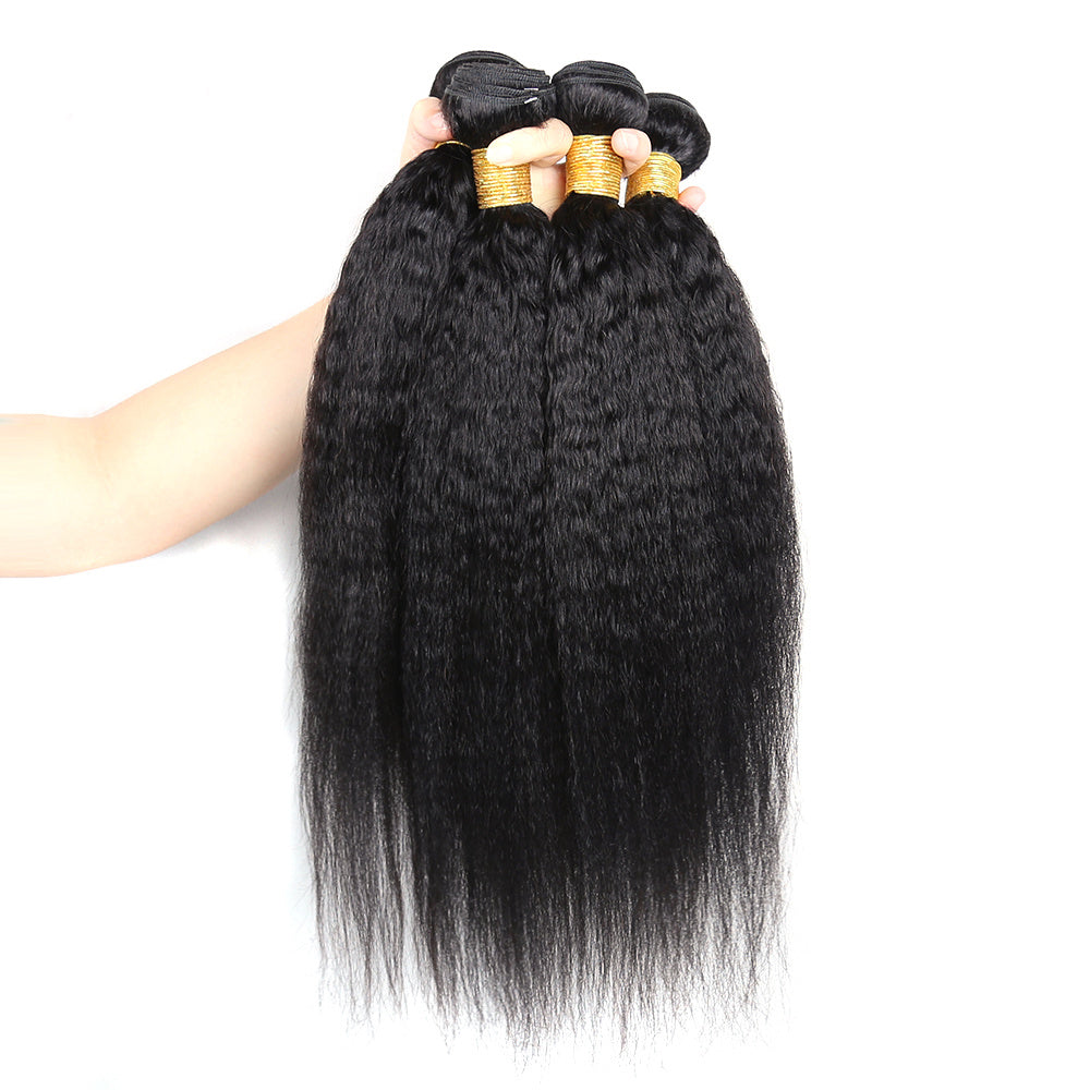 Kinky Straight Human Hair 4 Bundles With 13x4 Frontal Remy Hair Extensions Natural Color Kinky Straight Bundles