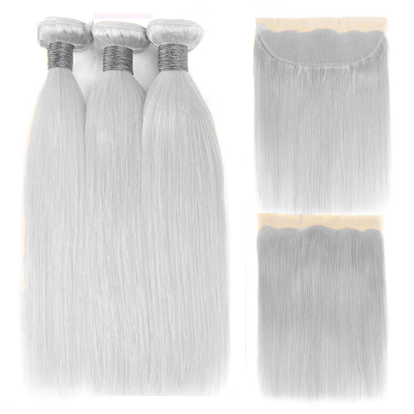 Silver Grey Straight 3 Bundles With 13x4 Lace Frontal Human Hair Extensions