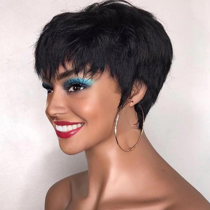 Natural Black Straight Short Bob Wigs With Bangs Full Machine Pixie Cut Wig Human Hair