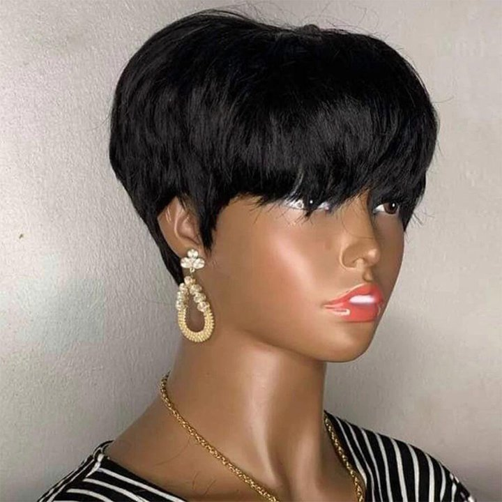 Natural Black Straight Short Bob Wigs With Bangs Full Machine Pixie Cut Wig Human Hair