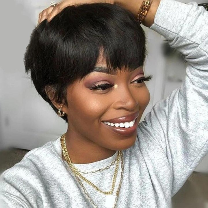Natural Black Straight Short Bob Wigs With Bangs Full Machine Pixie Cut Wig Human Hair
