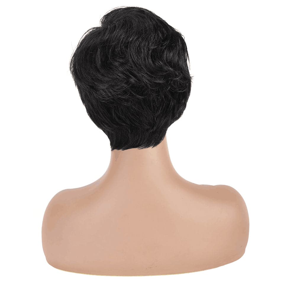 Ship In 24Hours-Lumiere Natural Black Straight Pixie Cut Short Bob Wig With Bangs Full Machine None Lace