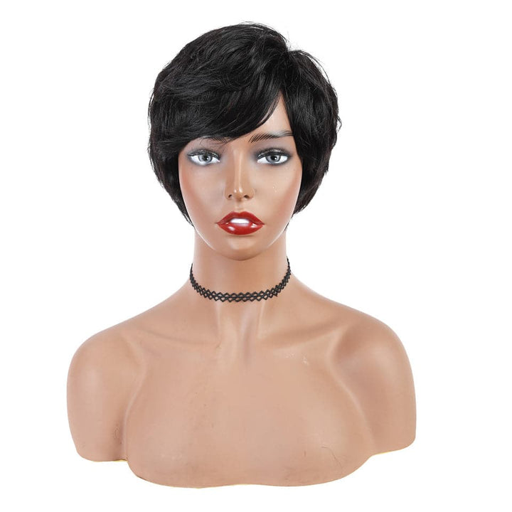 Ship In 24Hours-Lumiere Natural Black Straight Pixie Cut Short Bob Wig With Bangs Full Machine None Lace