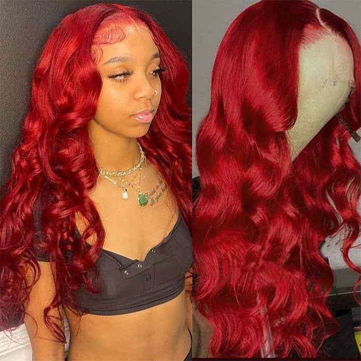 Flag Red Lace Front Body Wave Human Hair Wigs With Baby Hair For Women