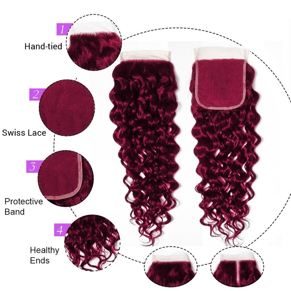 Red Bundles 99J Colored Water Wave 3 Bundles With 4X4 HD Transparent Lace Closure Human Hair