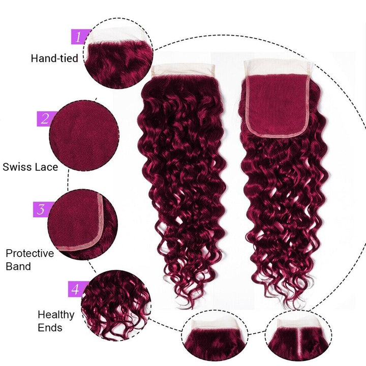Red Bundles 99J Colored Water Wave 3 Bundles With 4X4 HD Transparent Lace Closure Human Hair