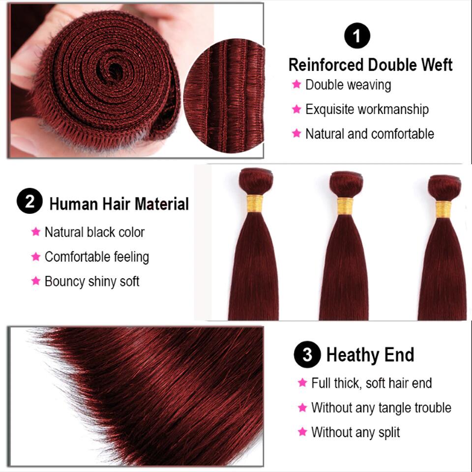 Red Bundles 99j Bone Straight Human Hair 3 Bundles With 4x4 Closure Dark Burgundy Brazilian Remy Closure