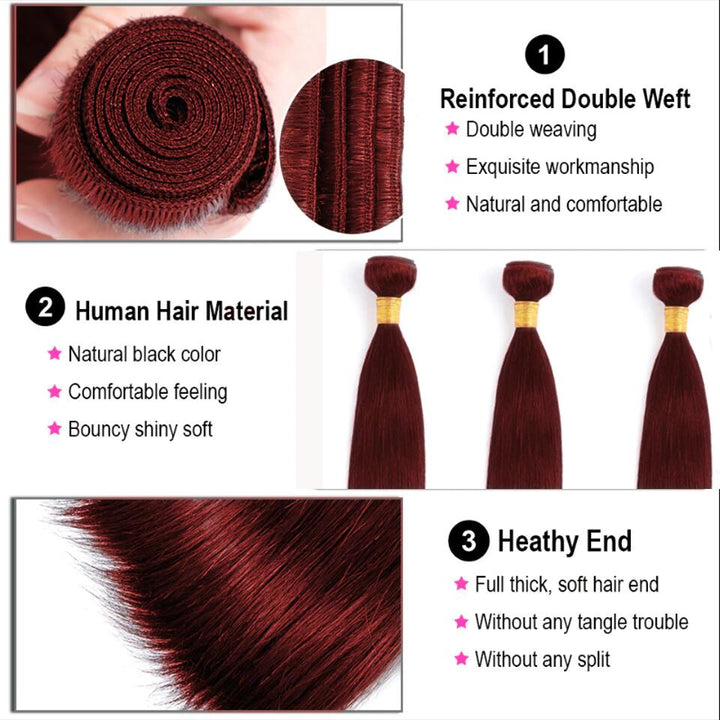 Red Bundles 99j Bone Straight Human Hair 3 Bundles With 4x4 Closure Dark Burgundy Brazilian Remy Closure