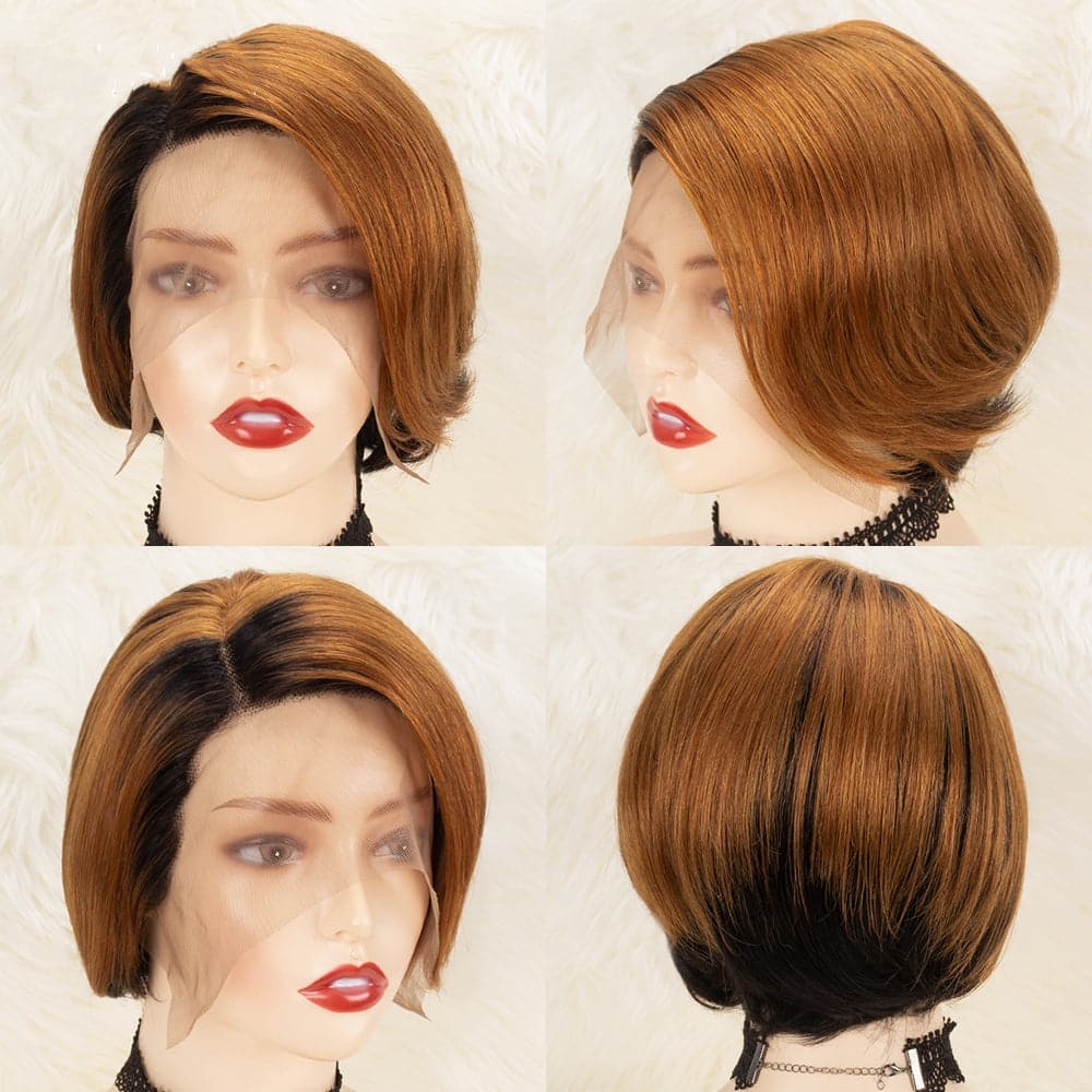 1B/30 13x1 T Lace Side Part Straight Short Pixie Cut Bob Wigs For Women