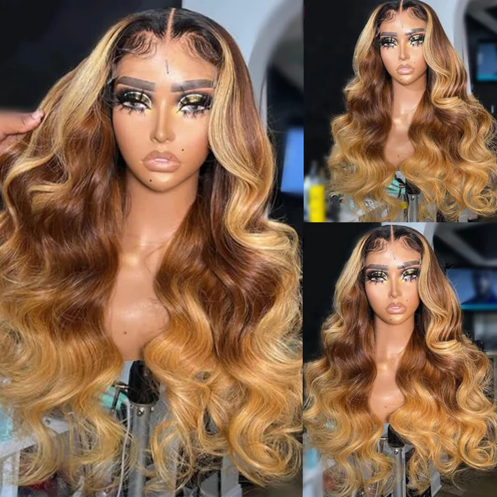 Skunk Stripe #6/27 Ombre Highight Body Wave Lace Frontal Human Hair Wigs for women