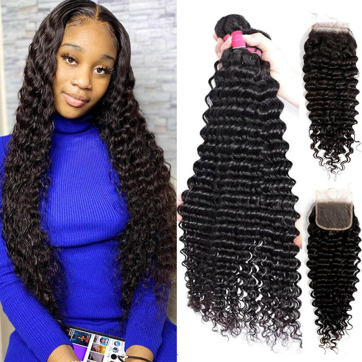 Deep Wave 4 Bundles With Closure 5x5 lace 100% virgin human hair
