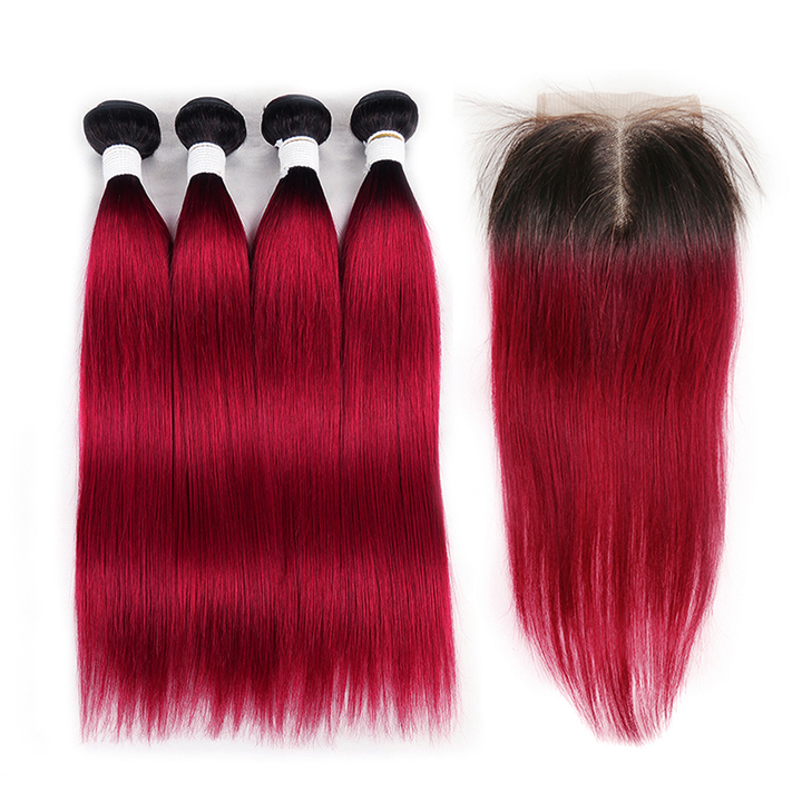 1B/BURG Ombre Straight Hair 4 Bundles With 4x4 Lace Closure Pre Colored human hair - Lumiere hair