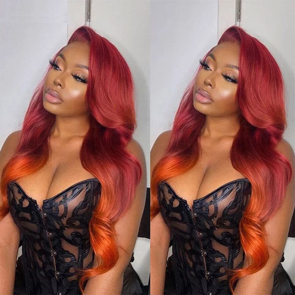 Red & Orange Skunk Stripe Ombre Body Wave 4x4 / 13x4 Lace Frontal Human Hair Wigs 150%/180%