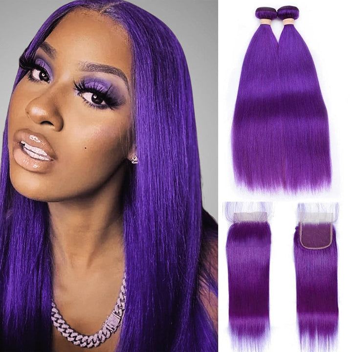 Bundles de cheveux colorés pourpres Cheveux raides 3 Bundles avec 4x4 HD Lace Closure Extensions de cheveux humains