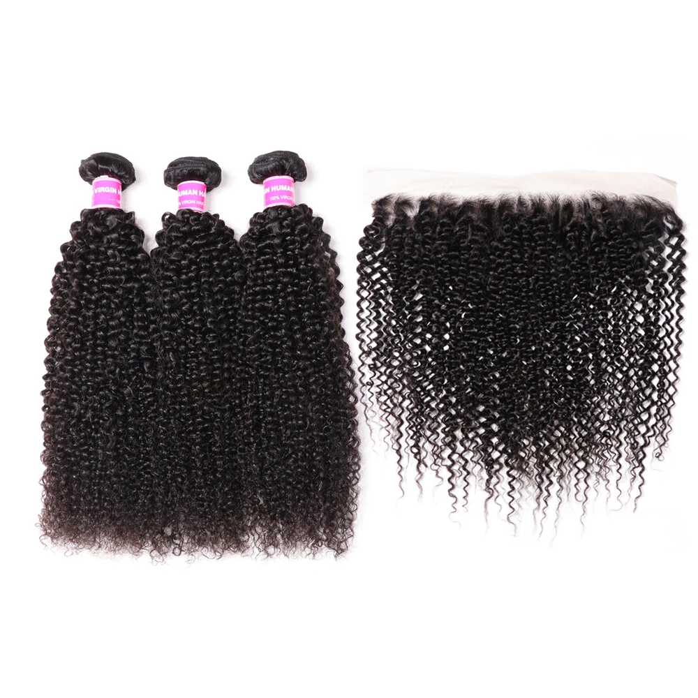 lumiere Malaysian Virgin Hair Kinky Curly 3 Bundles with 13*4 Lace Frontal