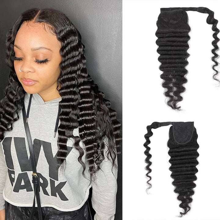 Loose Deep Wrap Around Ponytail Natural Color Human Hair Extensions For Black Woman