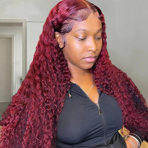 Red Bundles 99J Colored Water Wave 3 Bundles With 4X4 HD Transparent Lace Closure Human Hair