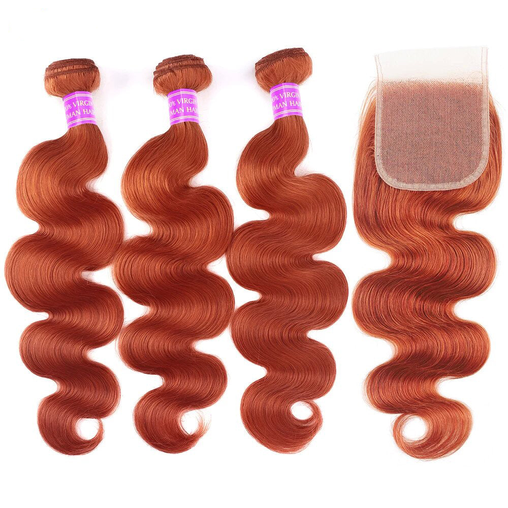 350 Ginger Orange Body Wave 3 Bundles With 4x4 Lace Closure 100% Remy Hair Extension(No Code Need)