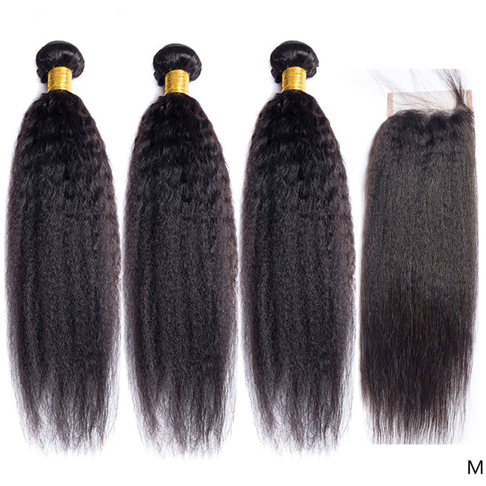 Kinky Straight 3 Bundles With 4x4 Lace Closure Human Hair
