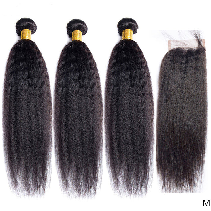 Kinky Straight 3 Bundles With 4x4 Lace Closure Human Hair