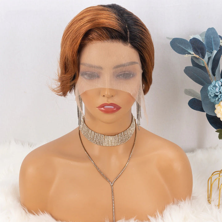 T/30 Ombre Short Bob Pixie Cut 13x4x1 T Lace Front Straight Human Hair Wigs