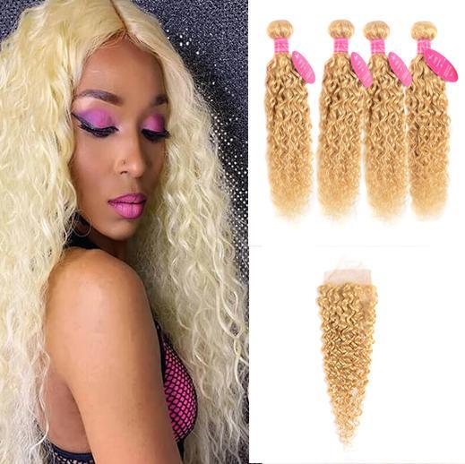613 Blonde Water Wave 4 Bundles with 4x4 closure with transparent lace