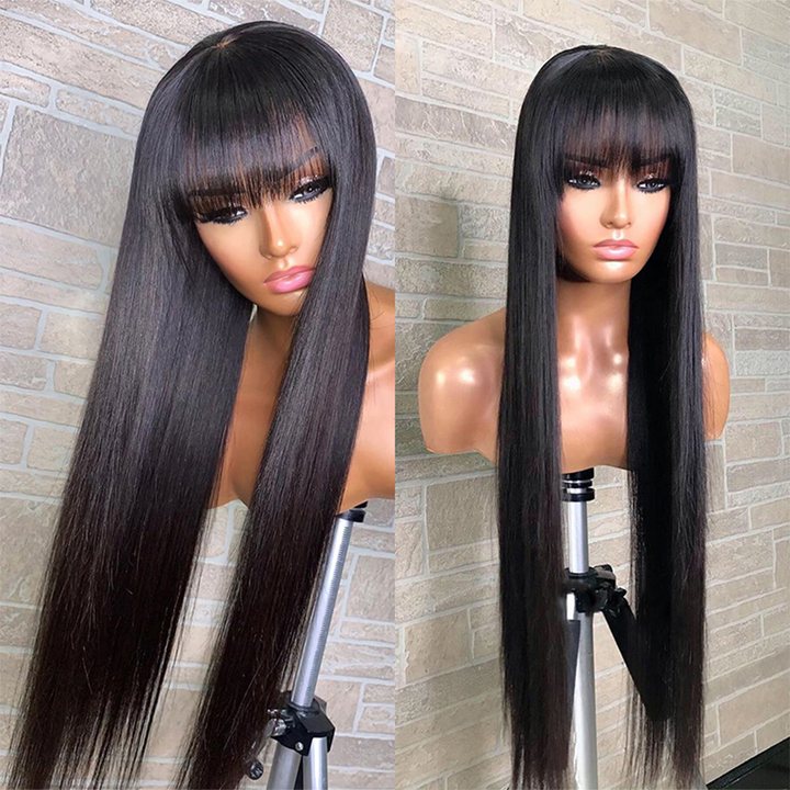 Straight Full Machine Made None Lace Front Wigs With Bangs For Women 8-24 Inches