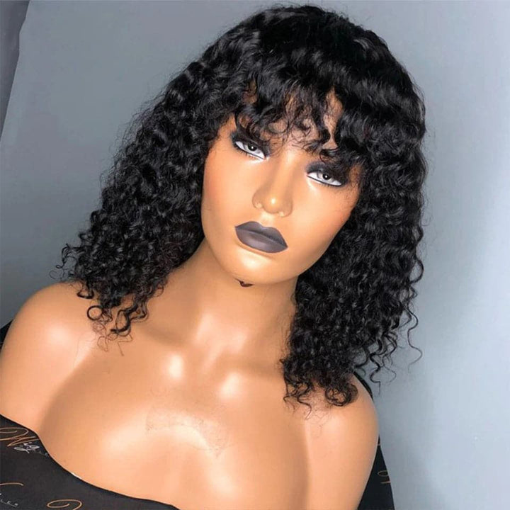 Kinky Curly Full Machine None Lace Wig With Bangs Pre Plucked 8"-24"Inches