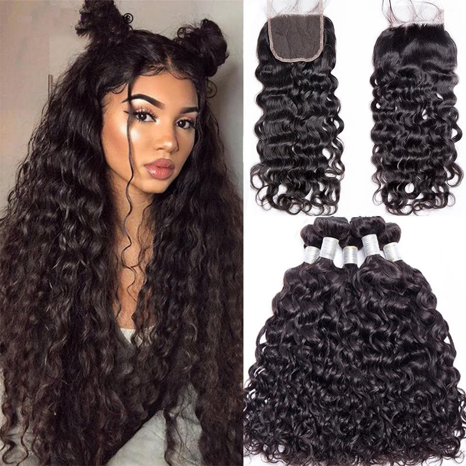 lumiere hair Indian Virgin Hair Water Wave 4 Bundles With 4X4 Lace Closure - Lumiere hair