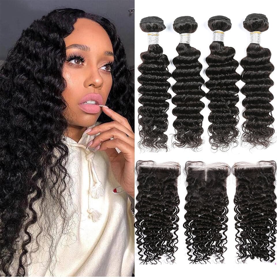 Deep Wave 28 30 40 Inch 4 Bundles with 4x4 closure Brazilian Remy Hair 100% Natural Curly Human Hair Extensions