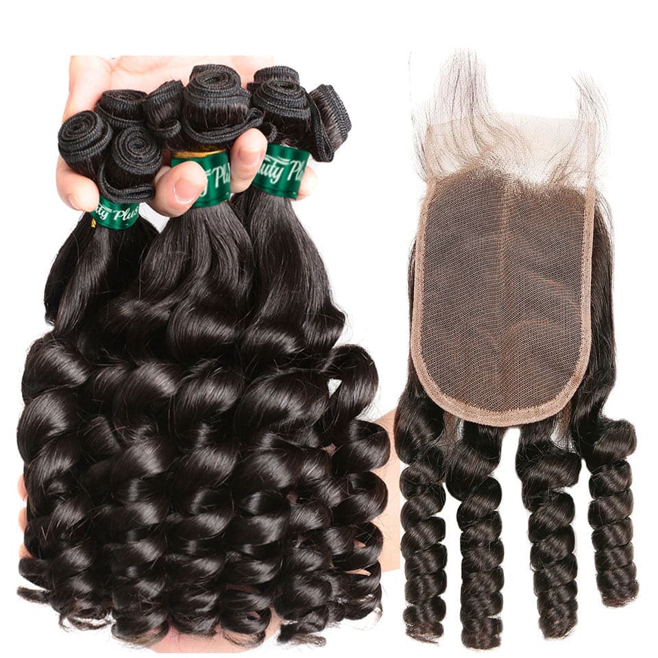 Brazilian Funmi Loose Wave 3 Bundles with 4x4 HD Transparent Lace Closure
