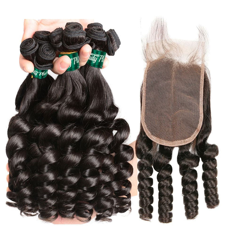 Brazilian Funmi Loose Wave 3 Bundles with 4x4 HD Transparent Lace Closure