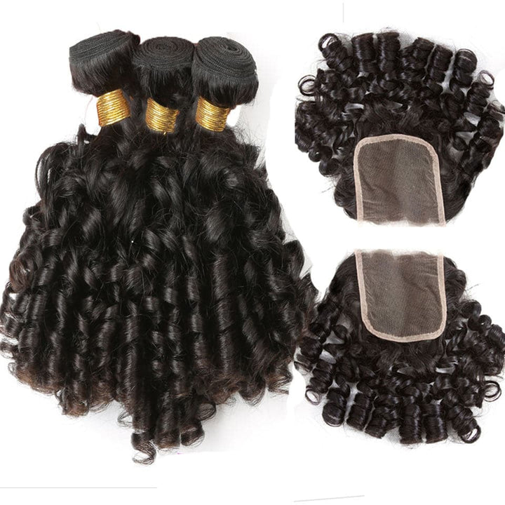 Bouncy Curly 3 Bundles with 4x4 Lace Closure Human Hair Weaves Natural Color