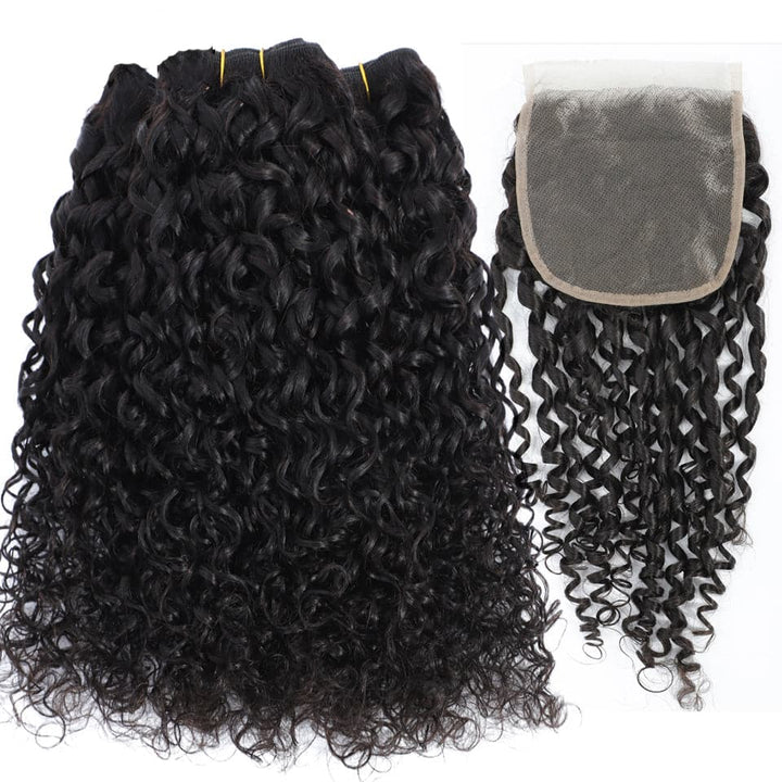 Pixie Curly 100% Human Hair 4 Bundles with 4x4 Closure Natural Color Remy Weave Virgin Hair Weave