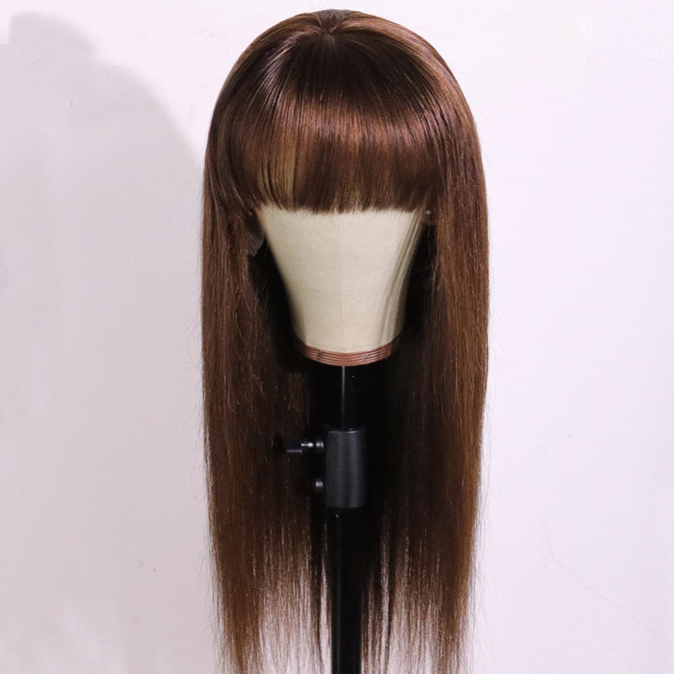 #4 Brown Straight Full Machine Made None Lace Wig With Bangs Human Hair