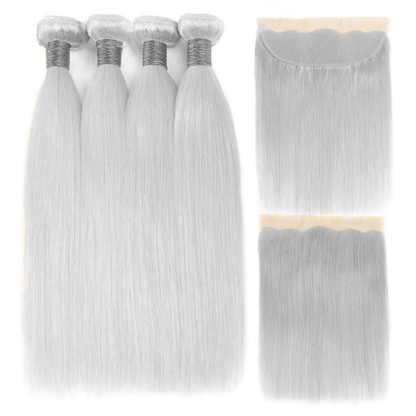 Silver Straight 4 Bundles With 13x4 Lace Frontal Brazilian Human Hair