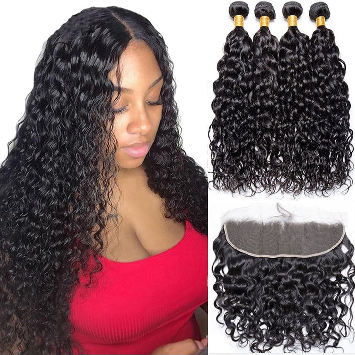 Water Wave 4 Bundles With 13x4 Lace Frontal Brazilian Human Hair