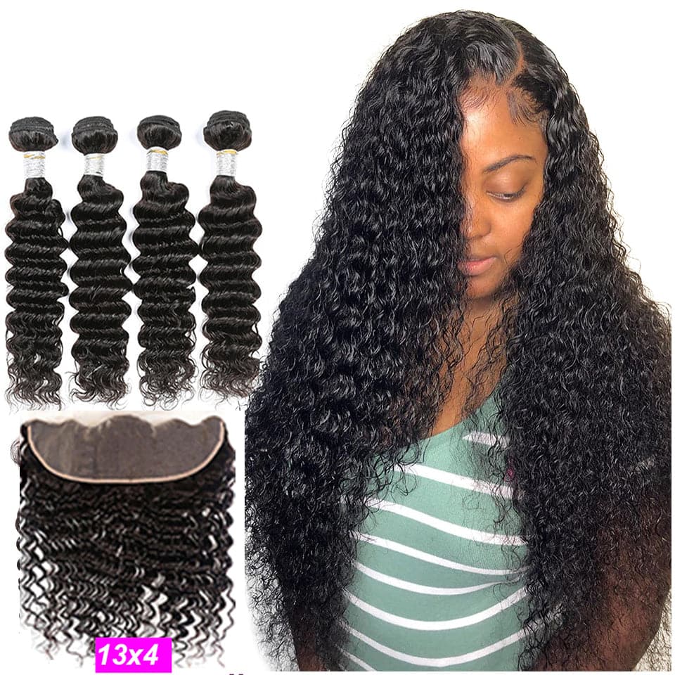 Deep Wave 100% Human Hair 4 Bundles With Frontal Brazilian Hair Weave 13x4 Transparent Lace
