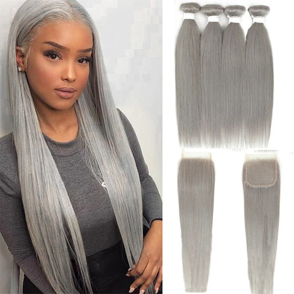 Grey Silver Straight Hair 4 Bundles with 4x4 Closure Preplucked Transparent Lace 100% Human Hair Extensions