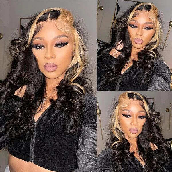 Blonde Skunk Stripe Hair Natural Body Wave Hairstyle 13X4 / 4x4 Lace Wigs For Women