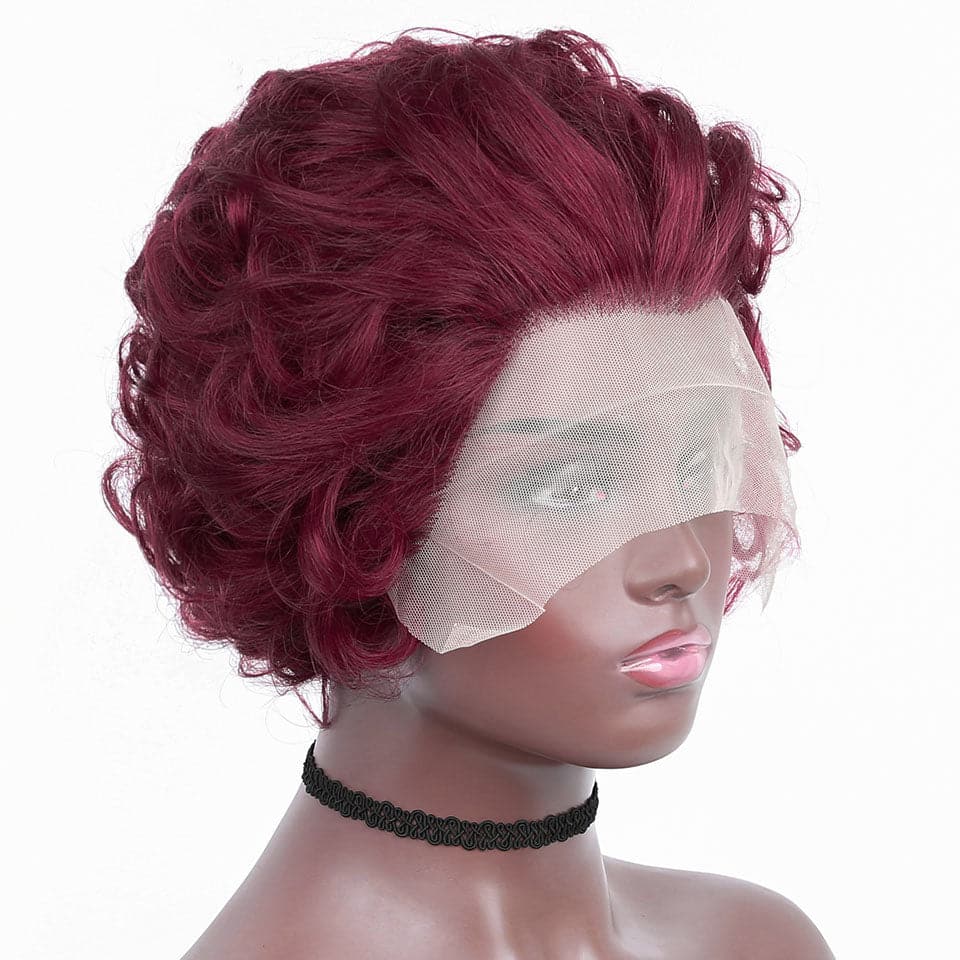 BURG 13x1 Lace Loose Curly Short Pixie Cut Bob Wigs For Women