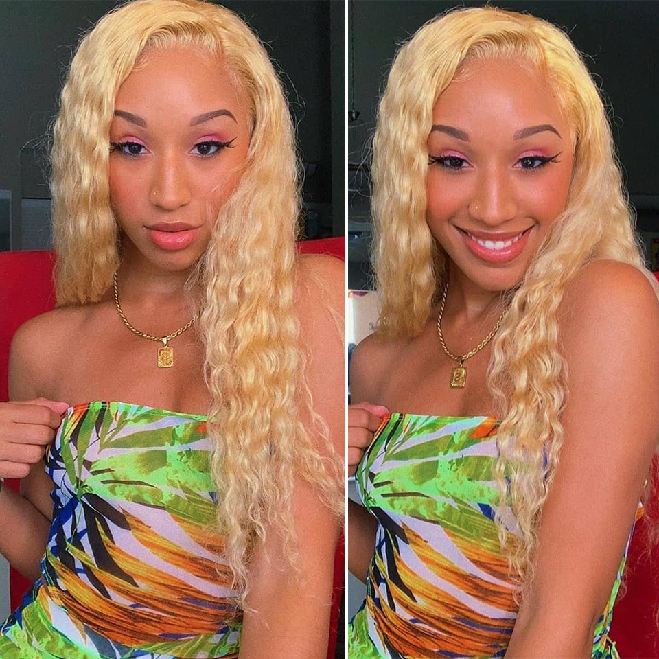613 Blonde Water Wave T Part Lace Human Hair Wig For Women