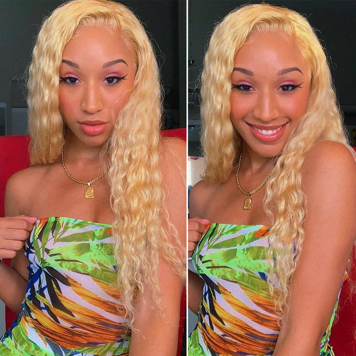 613 Blonde Water Wave T Part Lace Human Hair Wig For Women