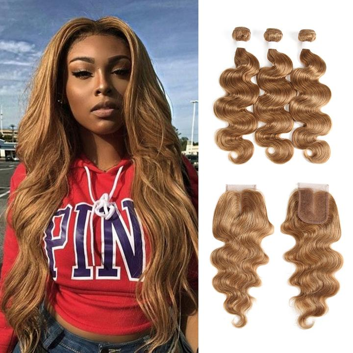 lumiere #27 light Brown Body Wave 3 Bundles With Closure 4x4 pre Colored 100% virgin human hair - Lumiere hair