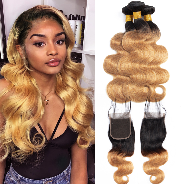 Ombre 1B/27 Body Wave 3 Bundles With 4x4 Closure pre Colored 100% virgin hair - Lumiere hair