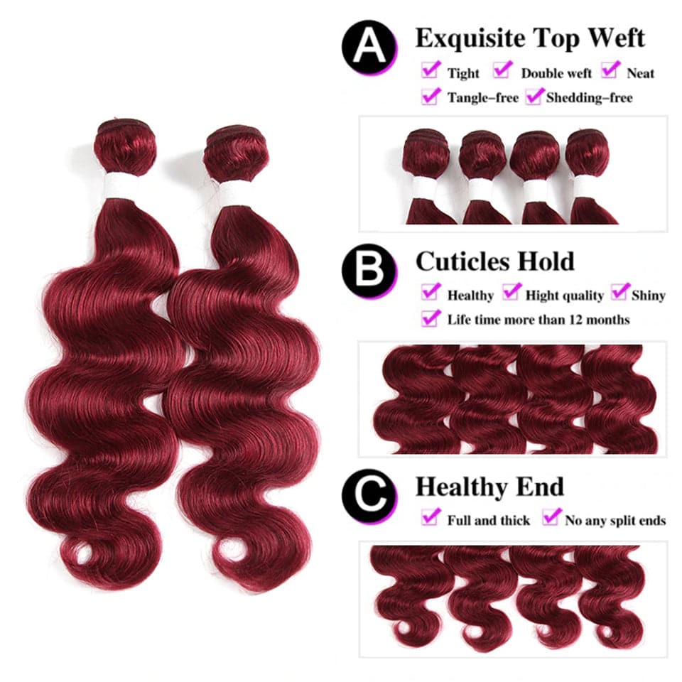 Red Bundles Burg Body Wave 3 Bundles 100% Virgin Human Hair Extension