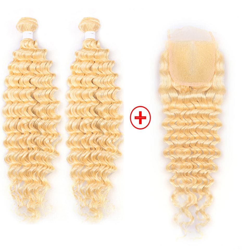 613 Blonde deep Wave 3 Bundles with 4x4 closure with HD transparent lace human hair