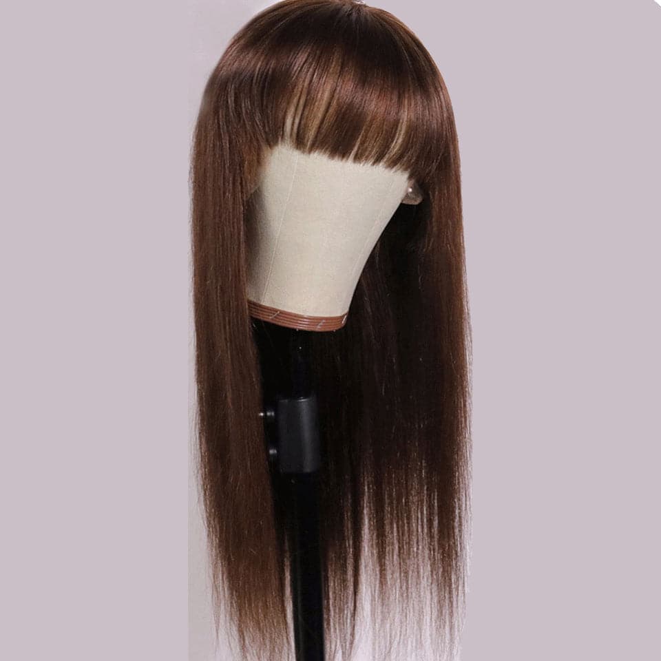 Chocolate Brown Straight Full Machine Made None Lace Wig With Bangs Human Hair
